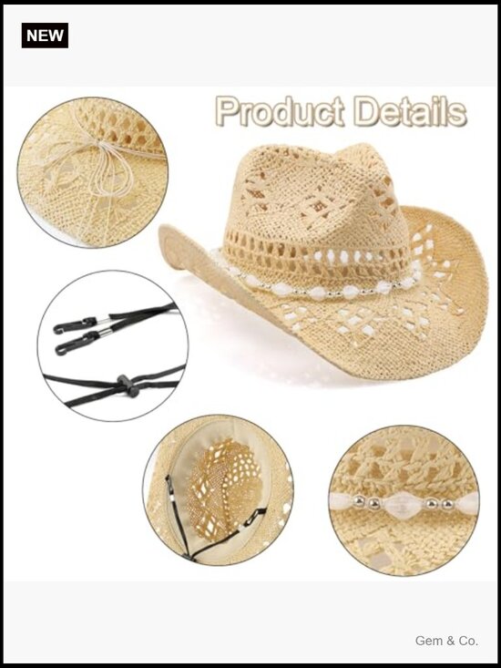 Straw Cowboy Hat with Shapeable Brim, Wide Brim Sun Hat for  display picture 1